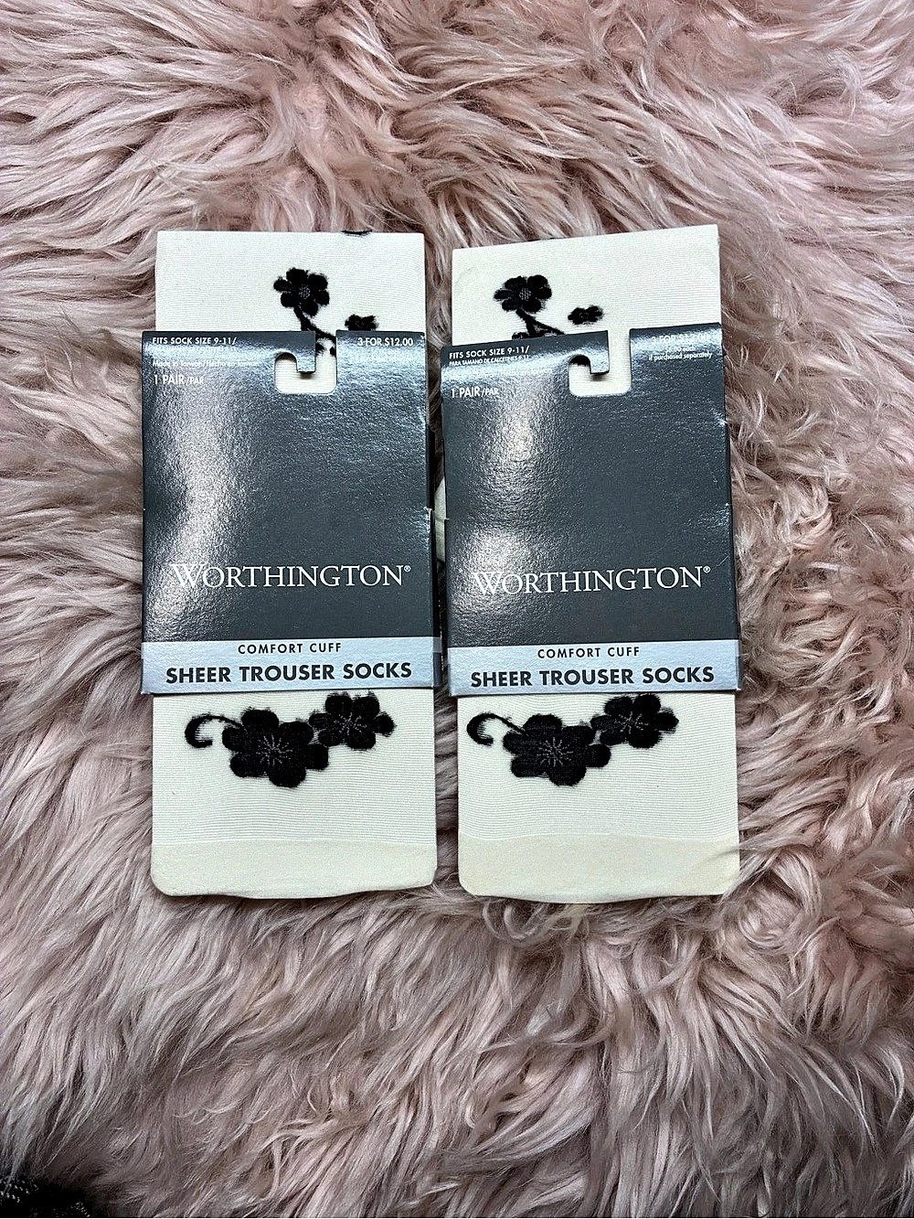 Worthington Sheer Trouser Socks Floral White & Black NWT